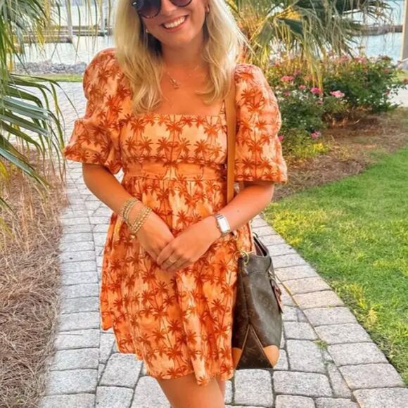 Kivari Tropical Linen Fit Flare Mini Dress SIZE 8 Cottage Palm Bow Designer $269 - Picture 9 of 11